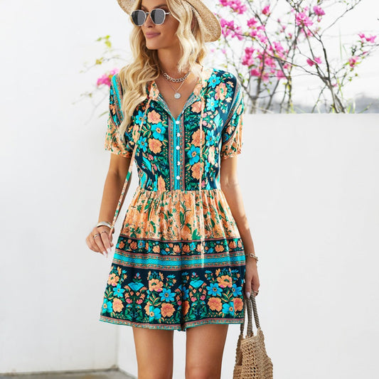 EVELYN Floral Multicolored Tie-Neck Romper