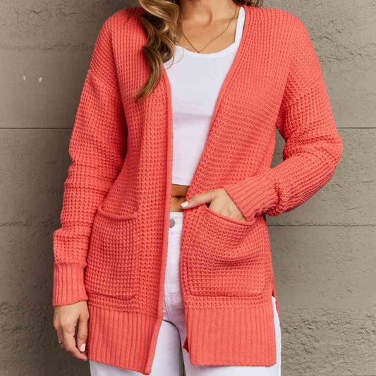 Bright & Cozy Waffle Knit Cardigan in Coral (S-3X)