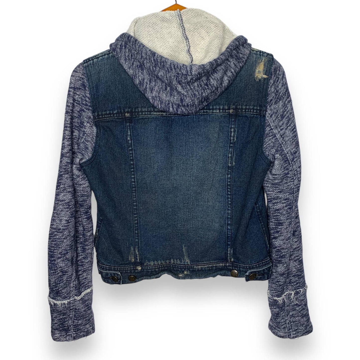 Dark wash hooded distressed jean jacket SZ M