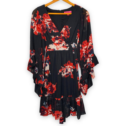 Black floral print flare sleeve ruffled dress SZ 6