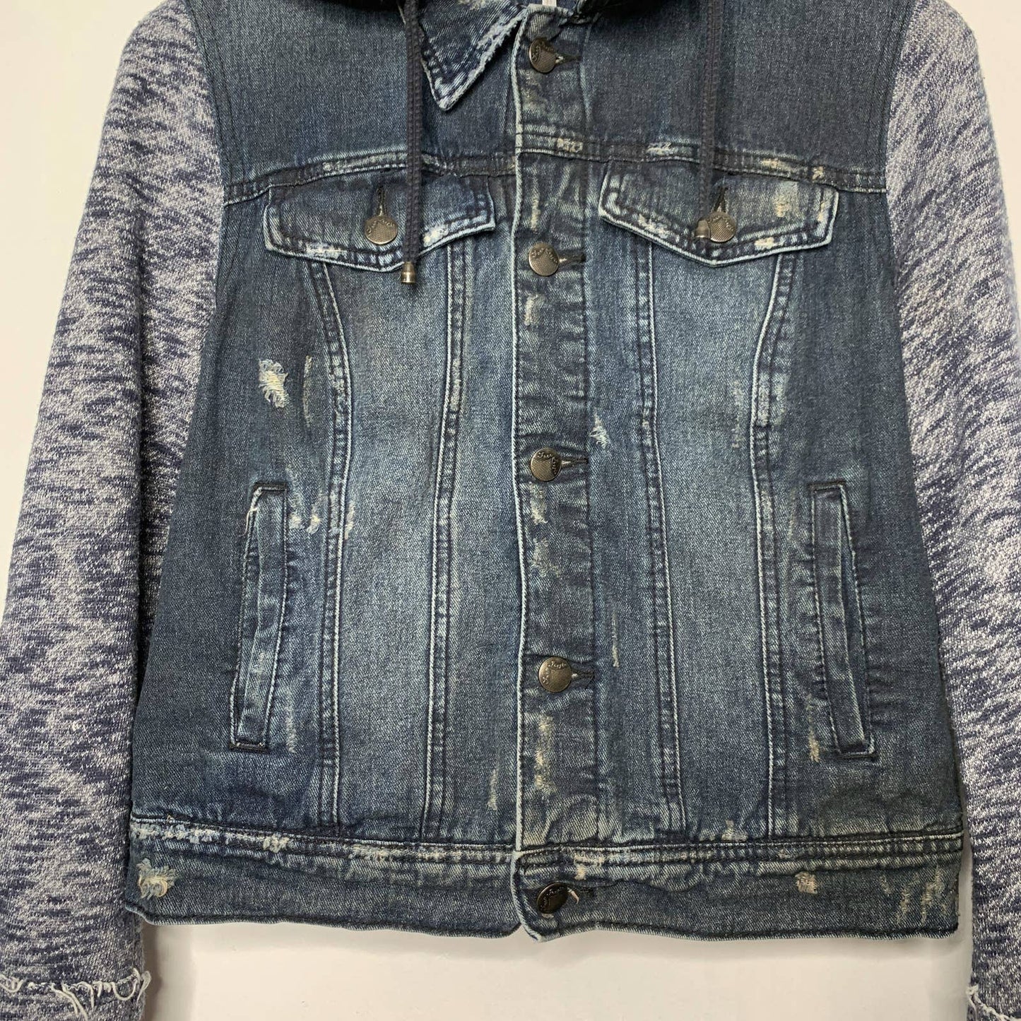Dark wash hooded distressed jean jacket SZ M