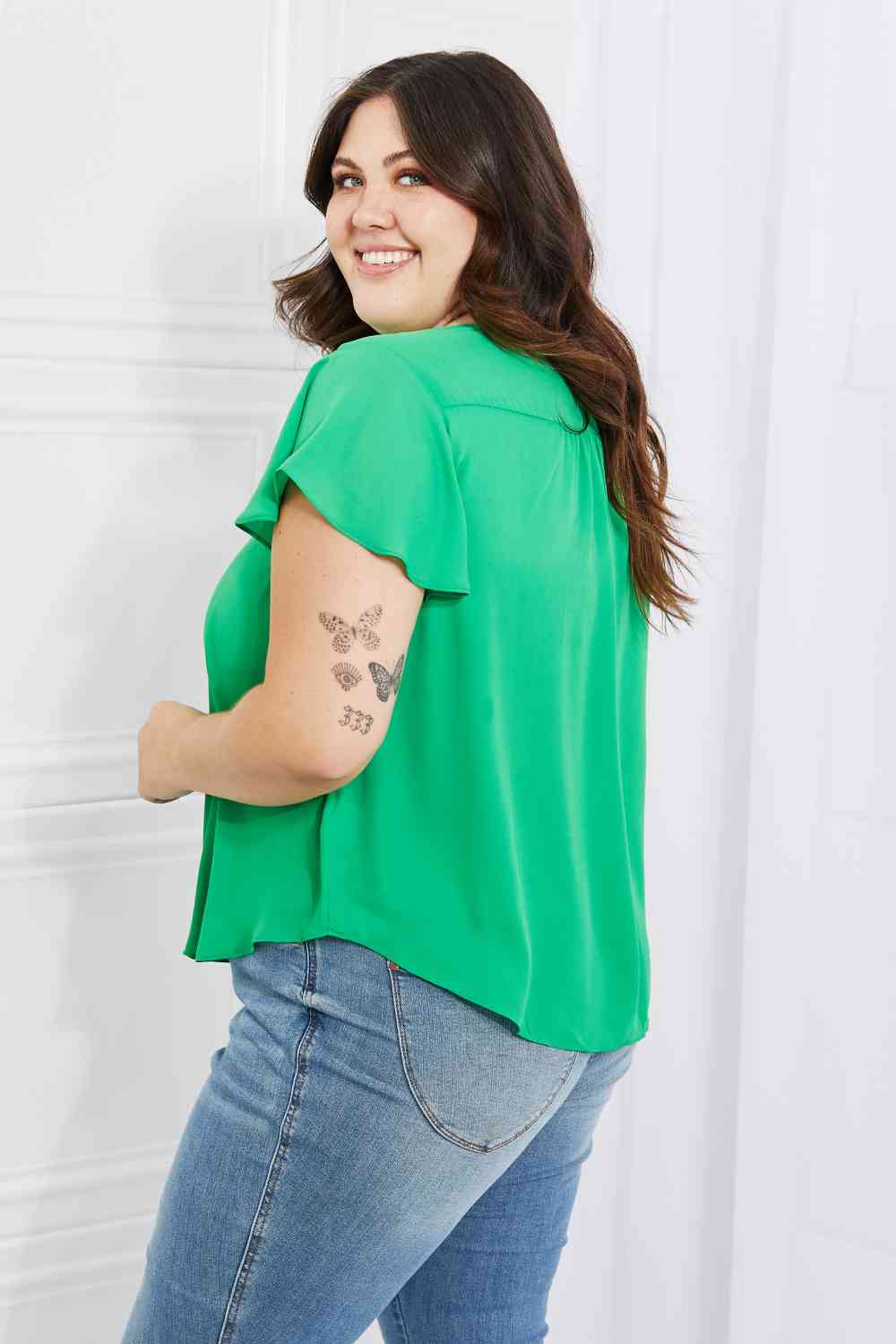 Just For You Ruffled Sleeve Top in Green (S-3X)