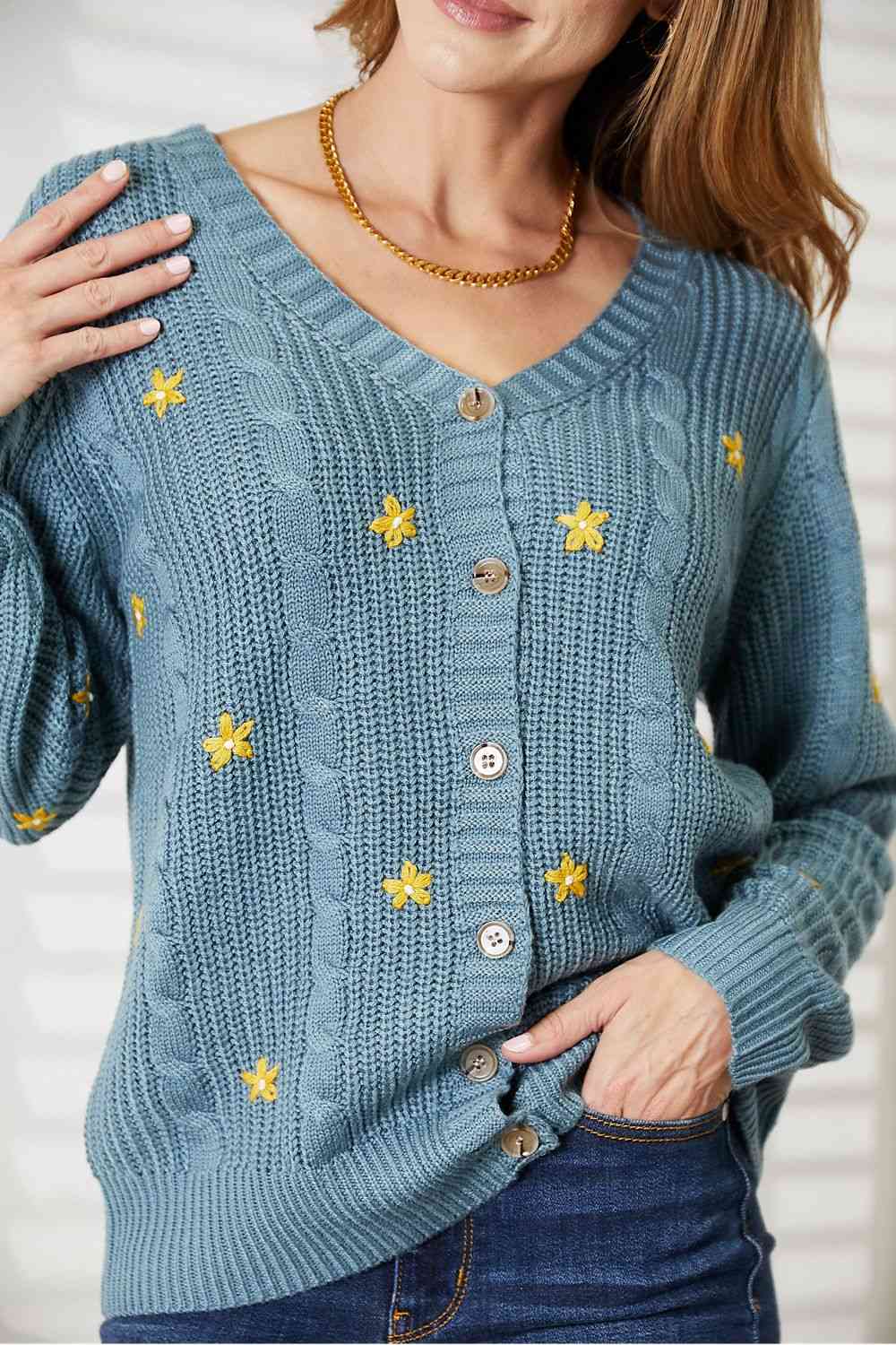 Daisy Embroidered Cable Knit Cardigan (S-3X)