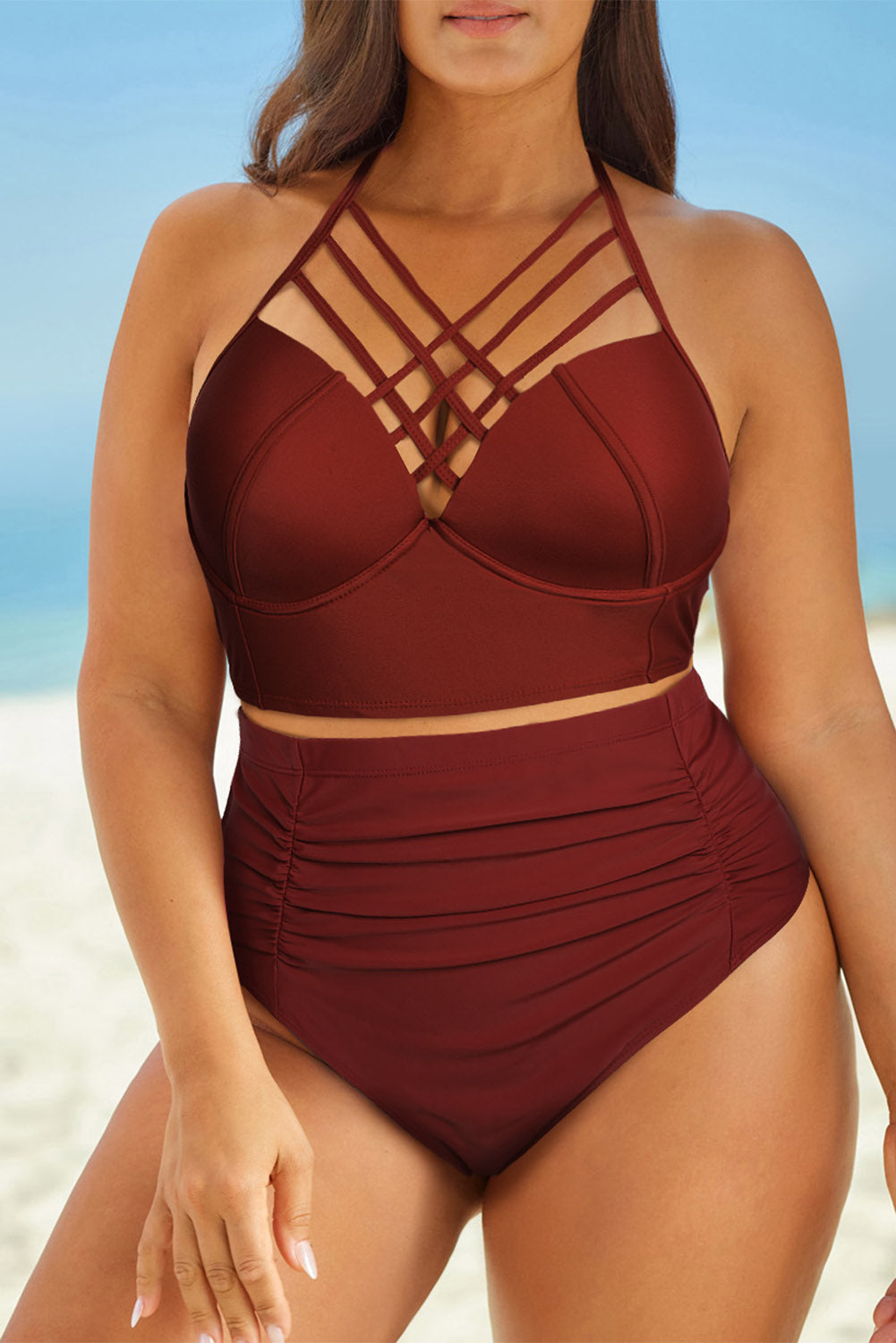 ST BART'S Halter Neck Crisscross Ruched Two-Piece Swimsuit