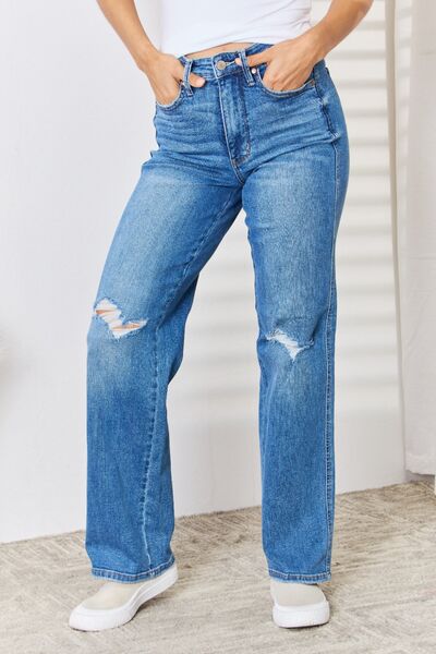 90s Style High Waisted Distressed Straight Leg Jeans (0-24W)
