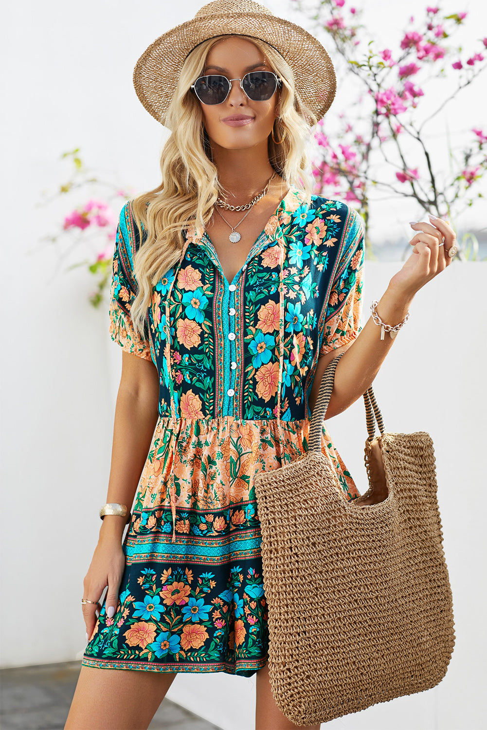 EVELYN Floral Multicolored Tie-Neck Romper