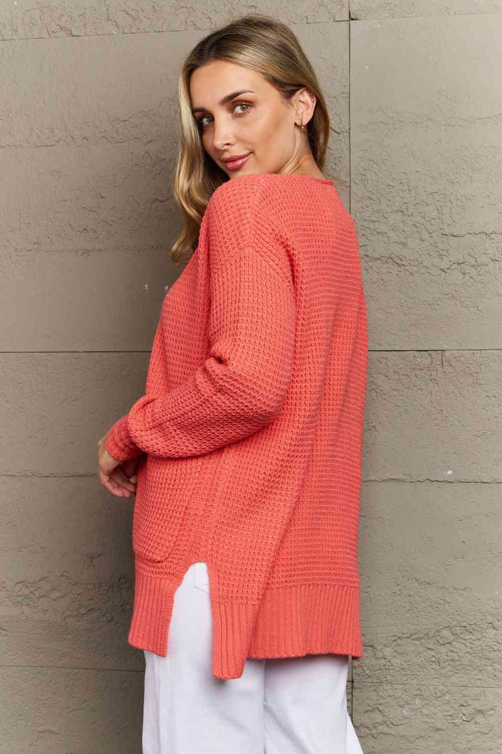 Bright & Cozy Waffle Knit Cardigan in Coral (S-3X)