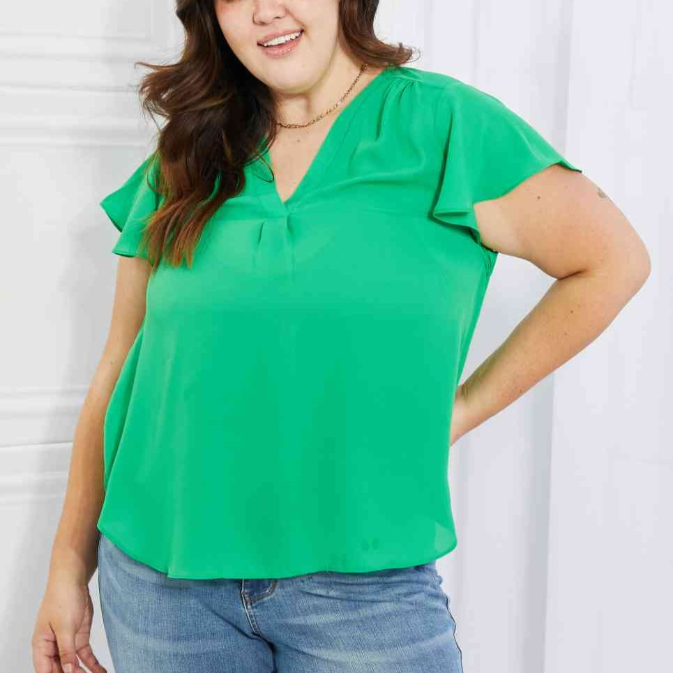 Just For You Ruffled Sleeve Top in Green (S-3X)