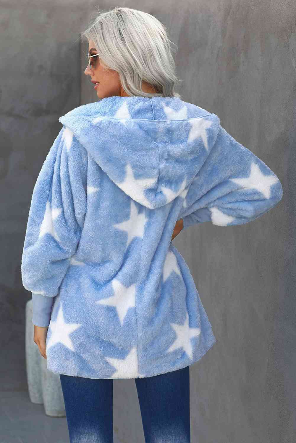 CASPER Star Print Fuzzy Hooded Wrap Jacket (S-2X)