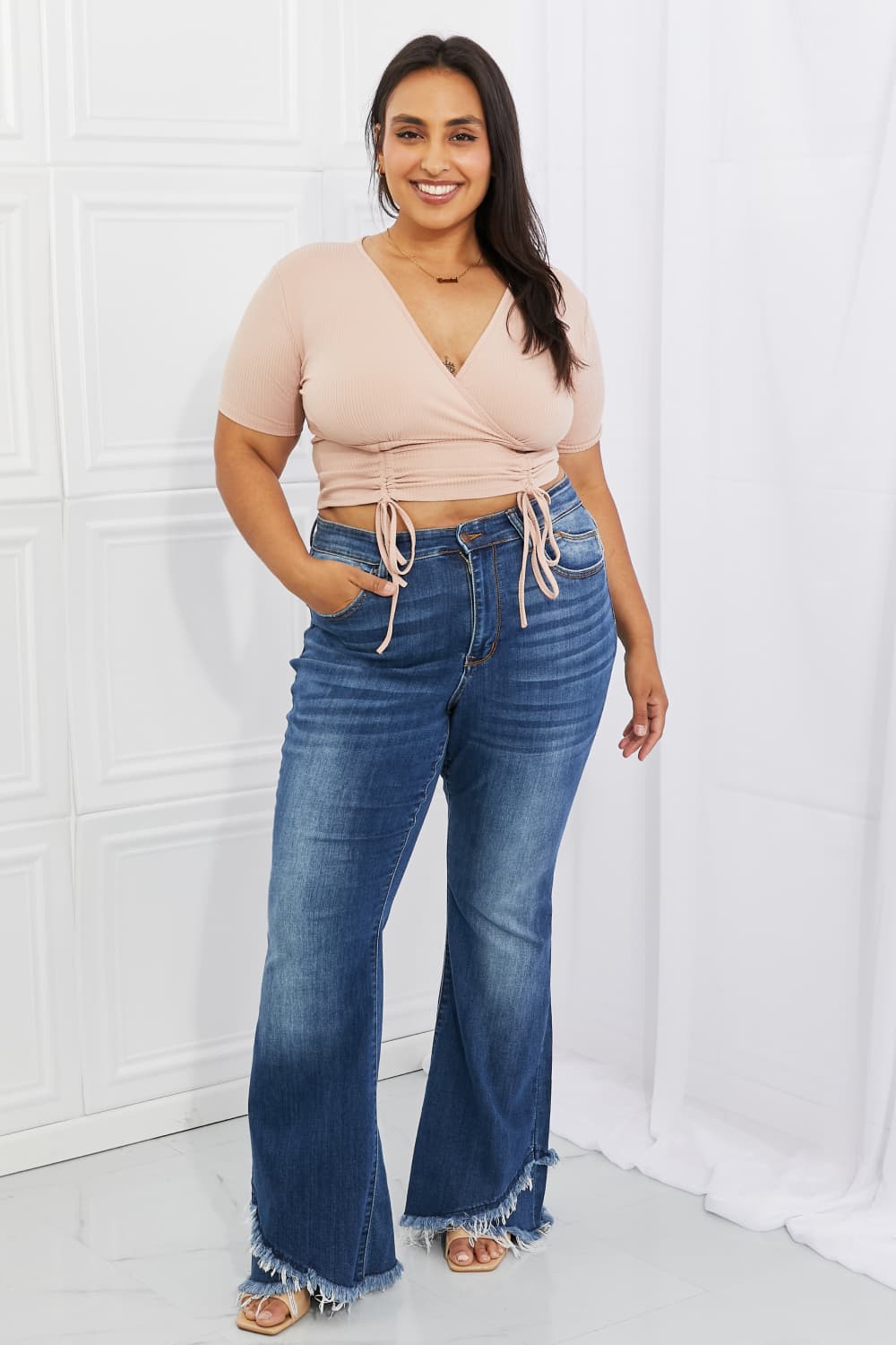 Back To Simple Ribbed Front Scrunched Top in Blush