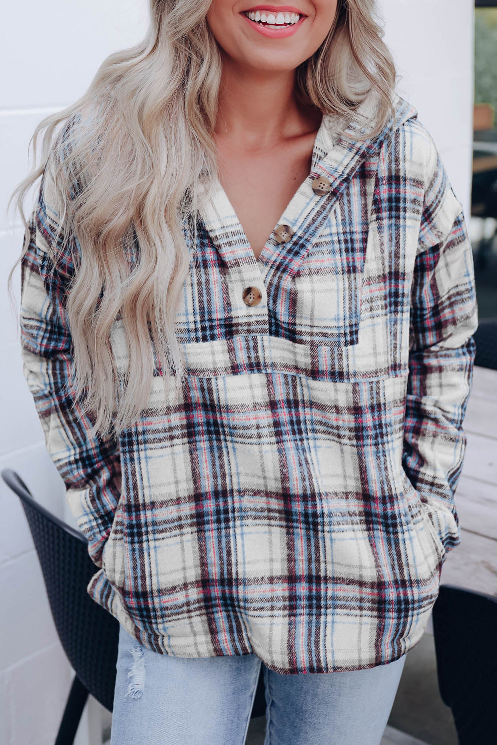 LAURA Plaid Buttoned Henley Hoodie