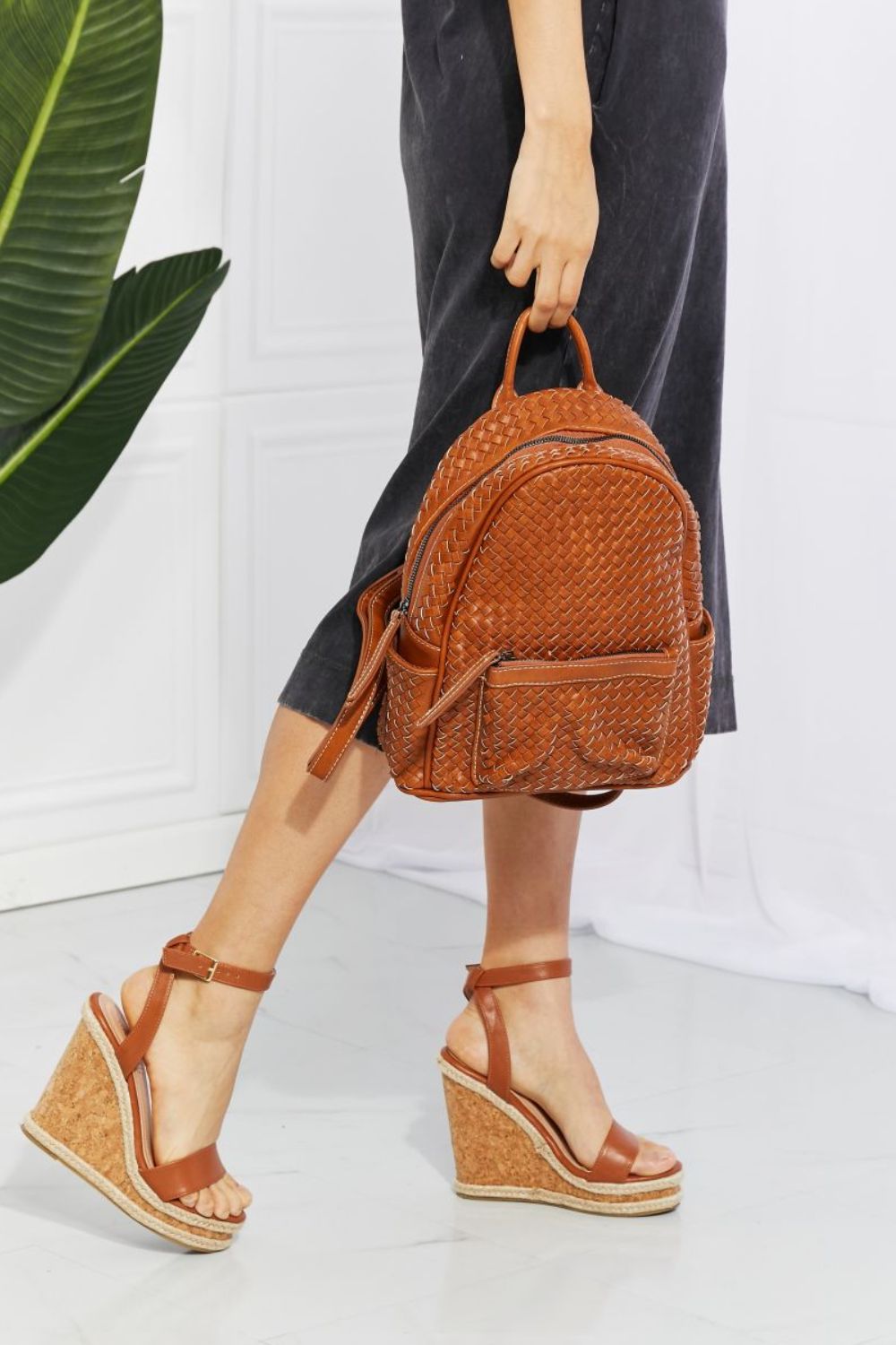 Faux Leather Woven Backpack