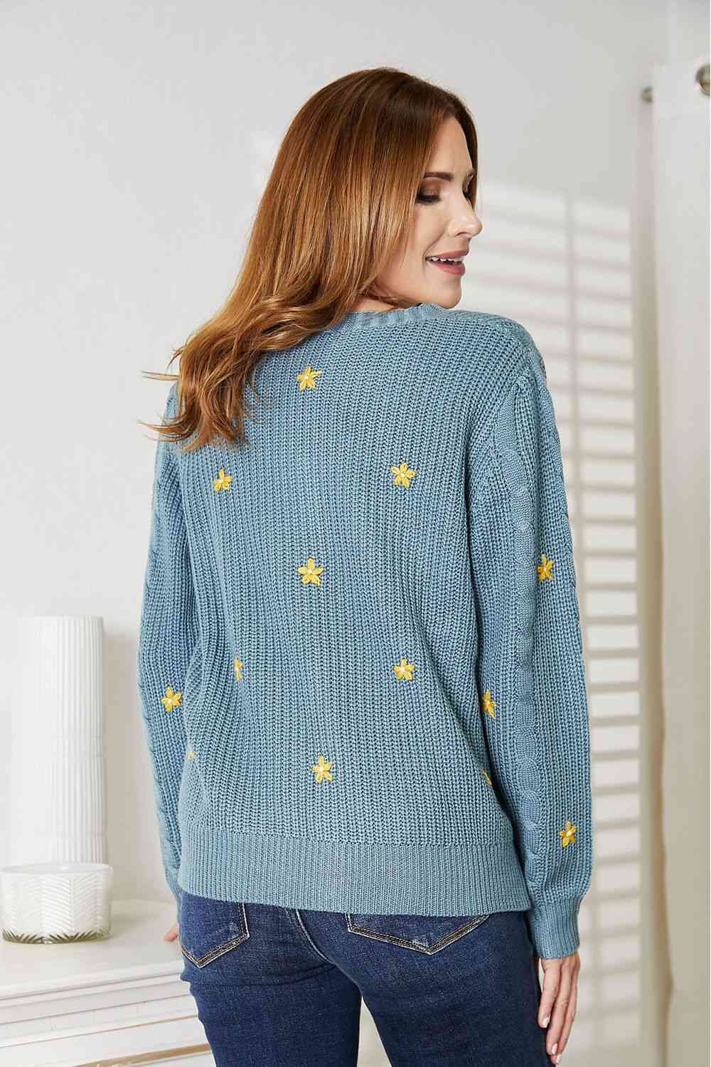 Daisy Embroidered Cable Knit Cardigan (S-3X)