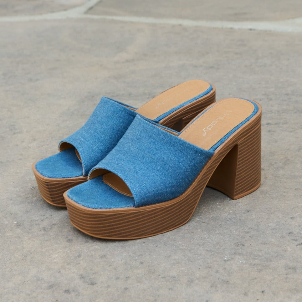 90s Denim Platform Wood Heel Sandals (6.5-11)