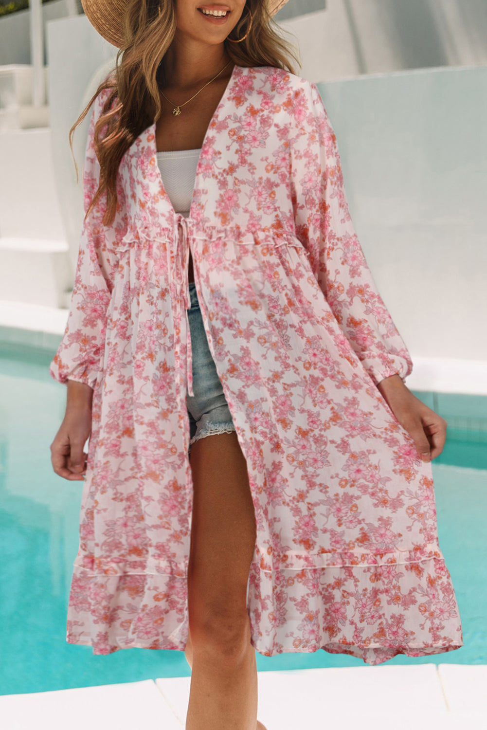 ISLA Floral Print Sheer Swim Cover Up Duster