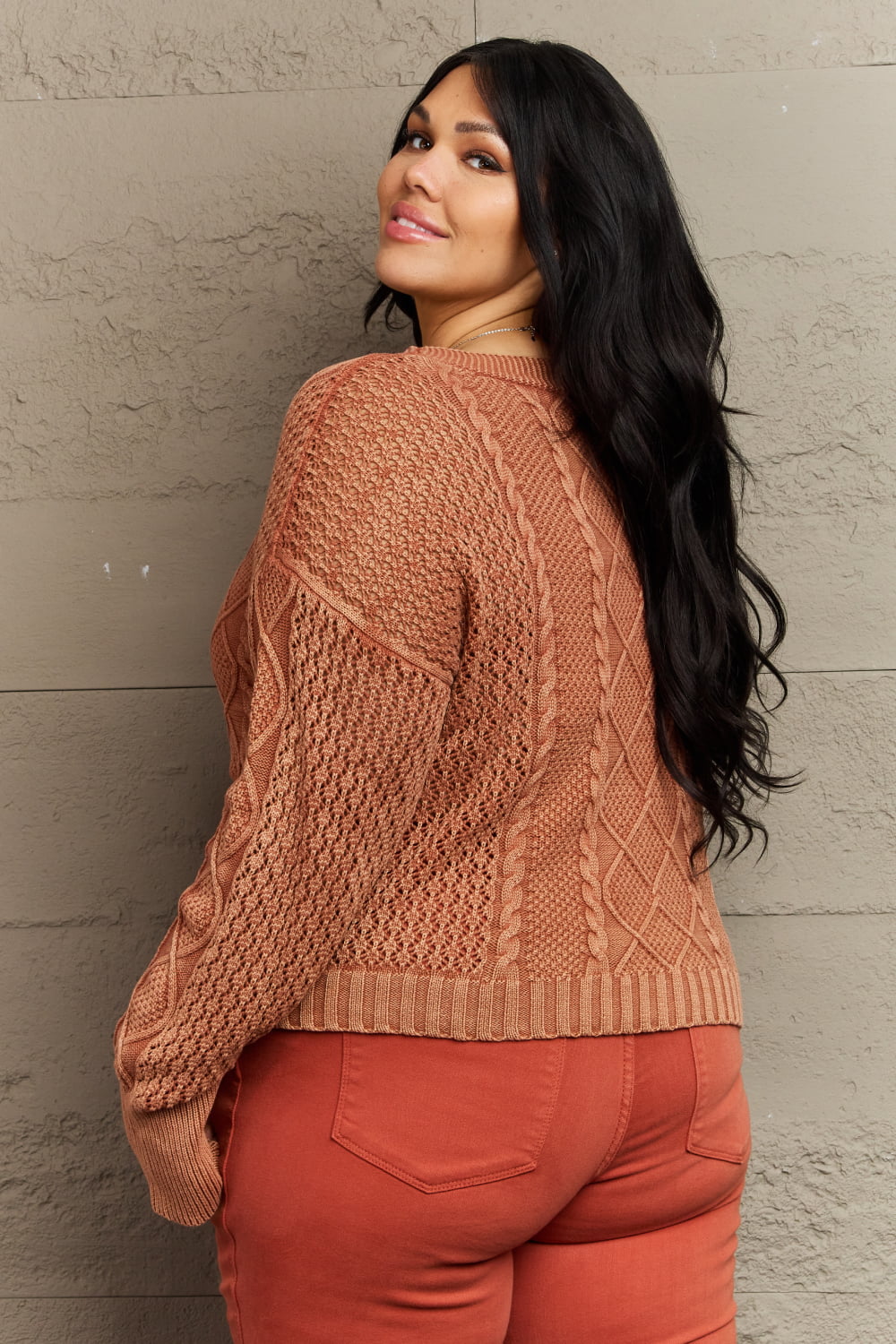 Soft Focus Cable Knit Cardigan in Brick